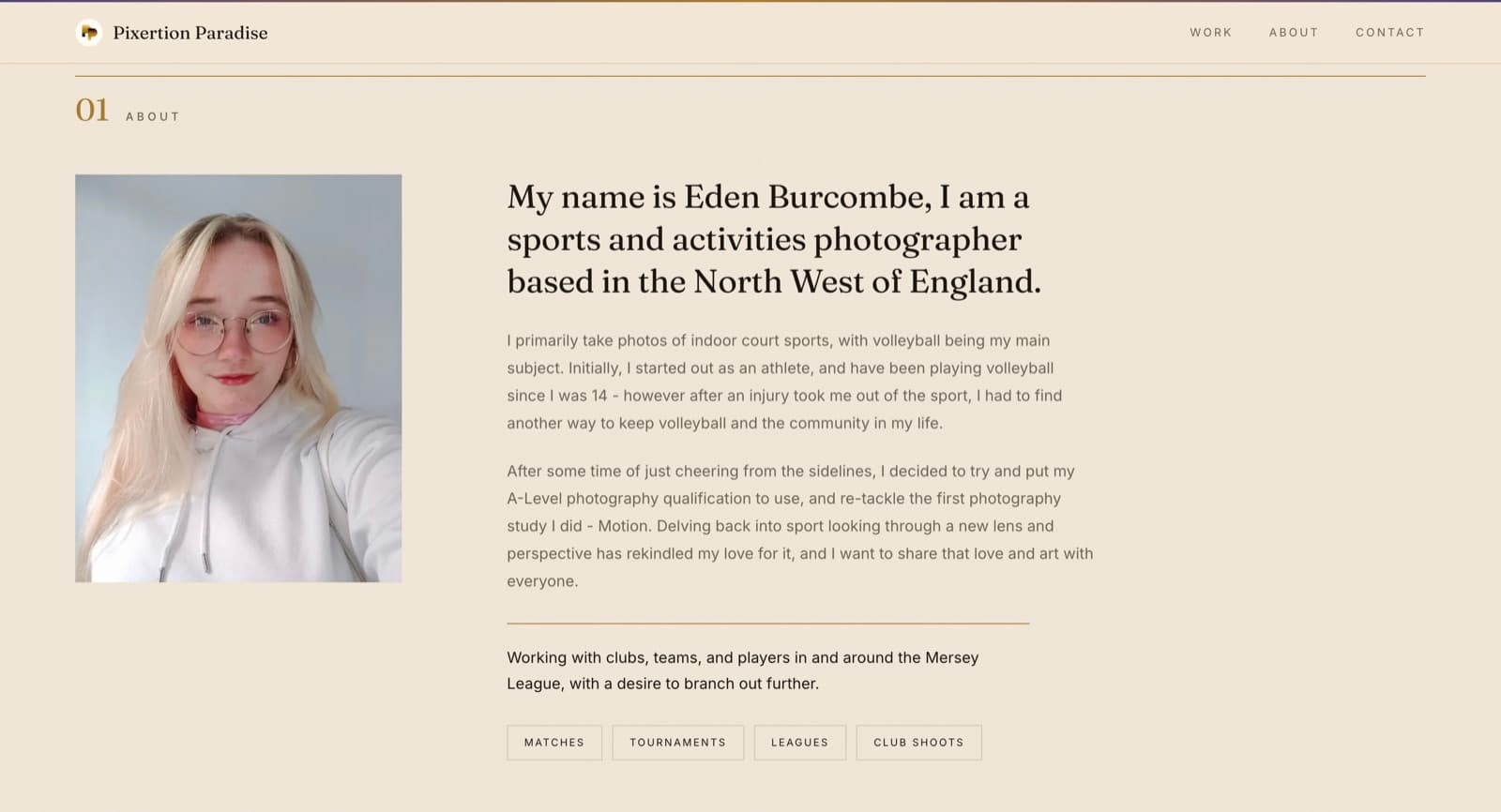 The About section — Eden's portrait beside her story in her own words, with the services she offers: matches, tournaments, leagues, club shoots