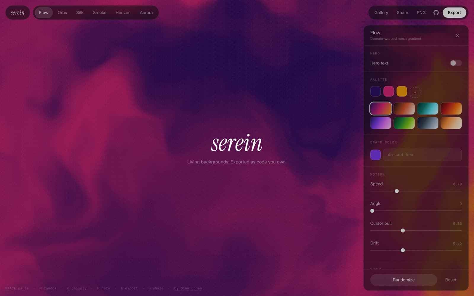 The Serein editor: the Flow preset with palette swatches, brand colour input and motion sliders