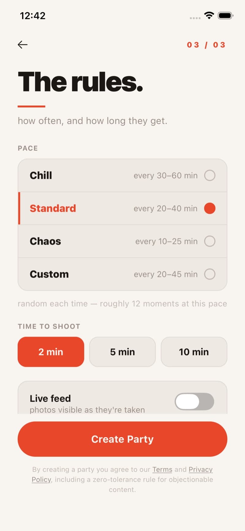 Setting the party rules: how often moments fire (chill to chaos), how long everyone gets to shoot, and an optional live feed