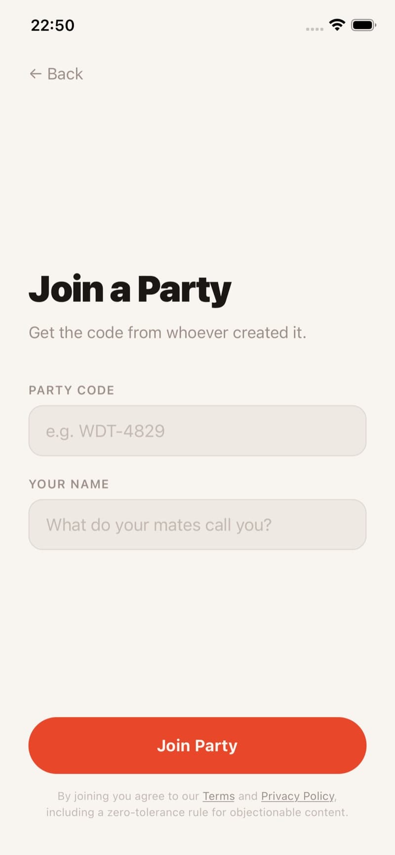 Joining a party with a short code like WDT-4829 and a display name — no sign-up needed